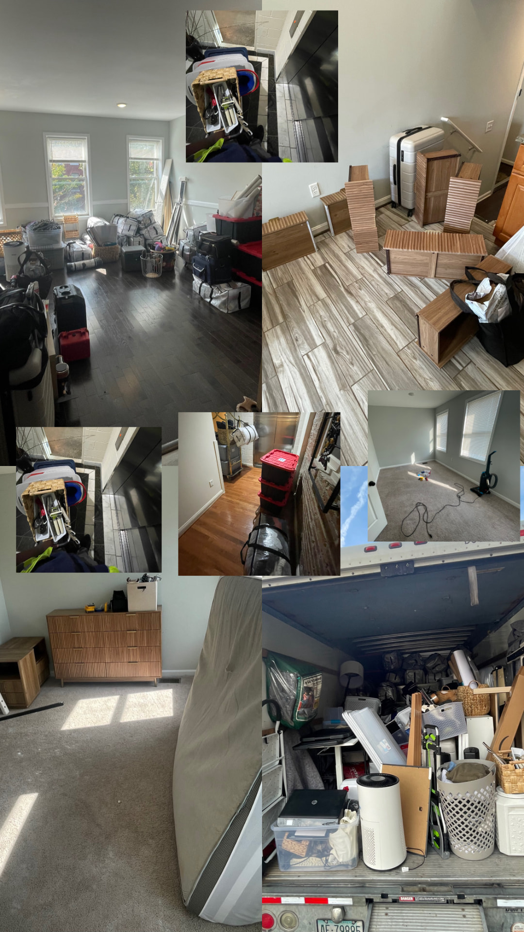 Apartment pack-out showing packed rooms full of boxes and bags, disassembled furniture and a fully loaded moving truck