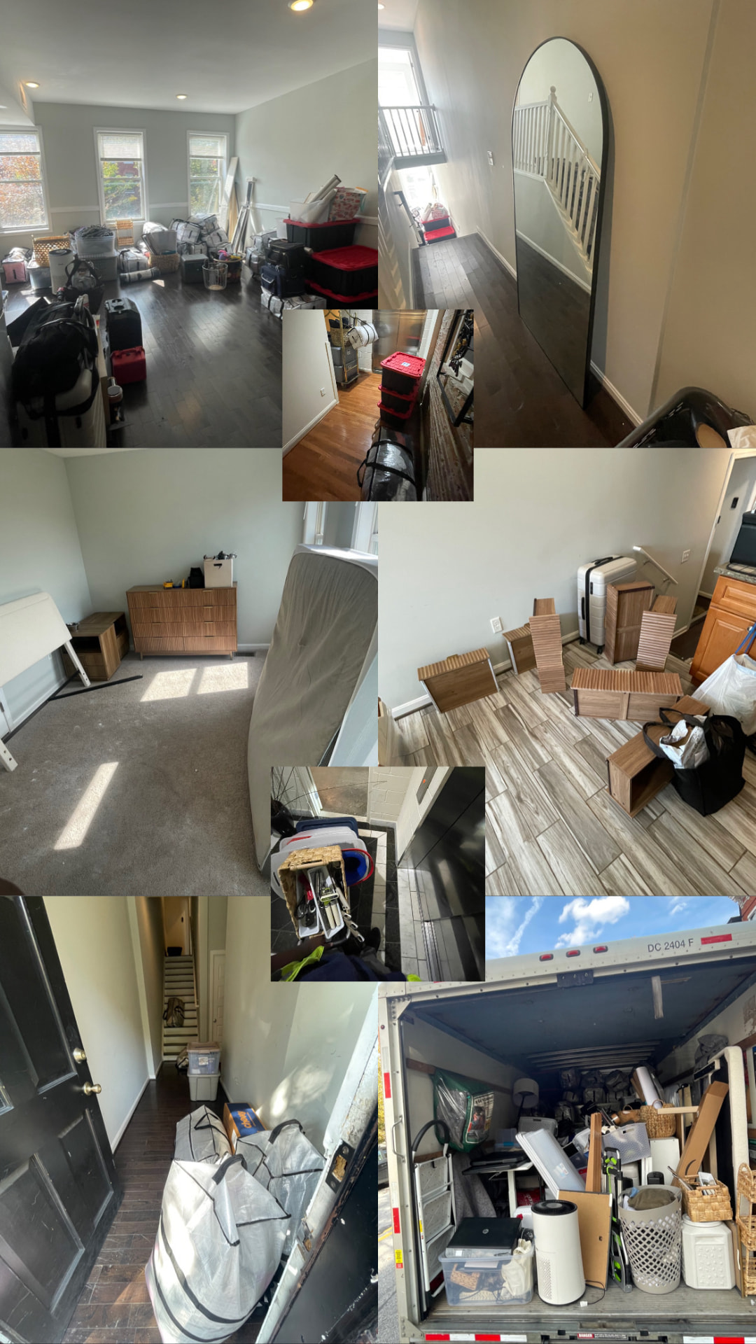 Downtown Baltimore move showing packed rooms, cleared spaces, hallway staging and a fully loaded moving truck