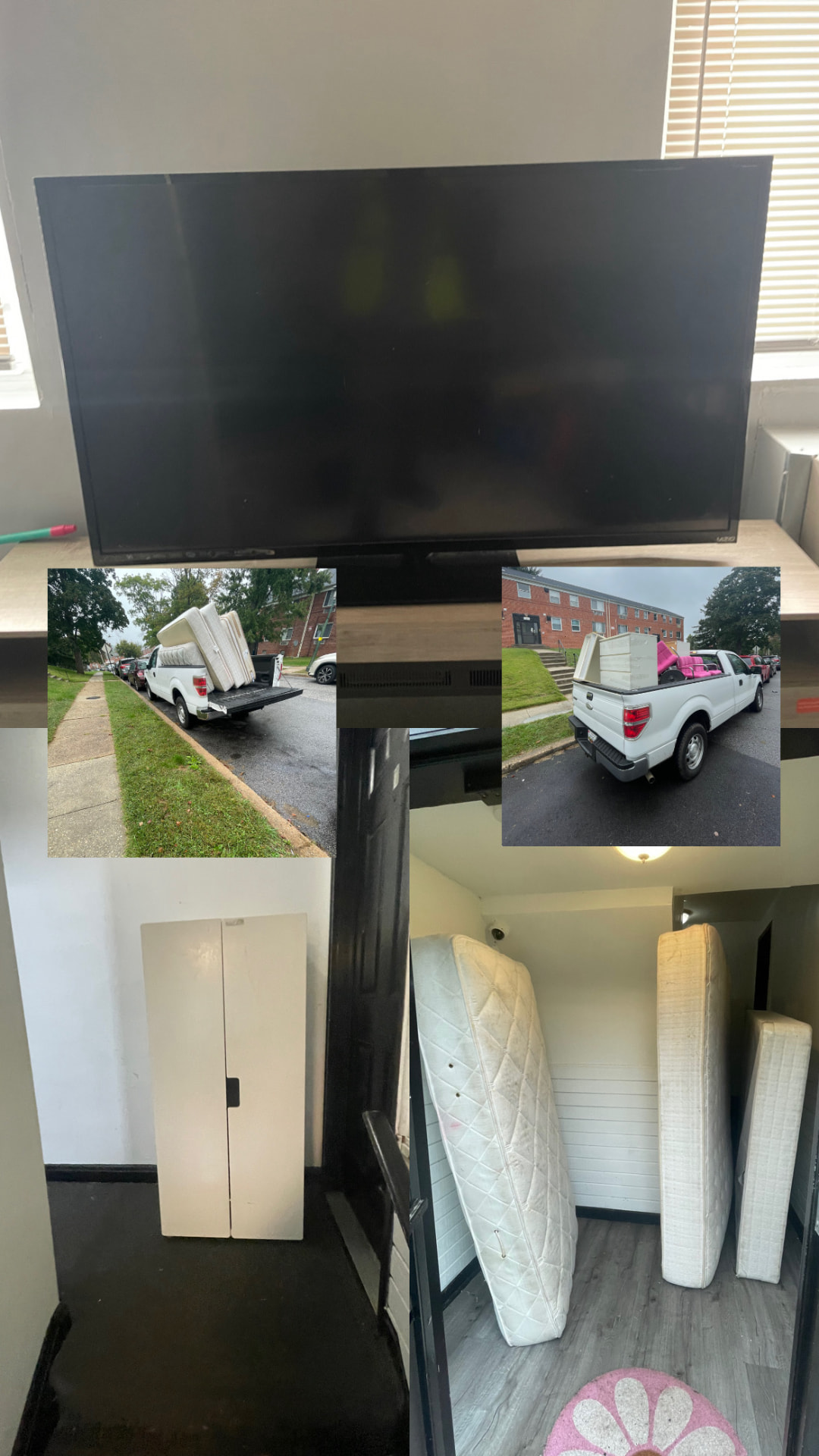 Apartment move-out showing mattresses, a TV, a wardrobe cabinet and a pickup truck loaded with hauled property